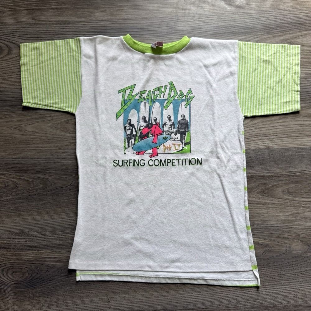 VTG 80s Beach Dog Surfing Competition Striped T-Shirt Size Youth XL USA